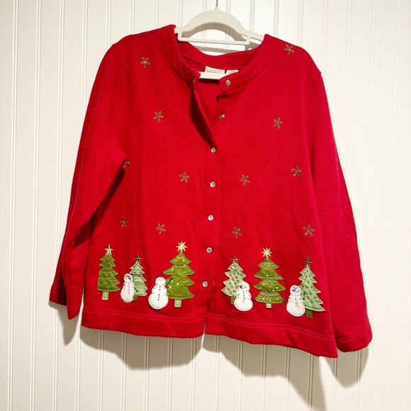 Classic Elements Red Christmas Tree Snowman Cardigan Sweatshirt Large Petite - Picture 1 of 6